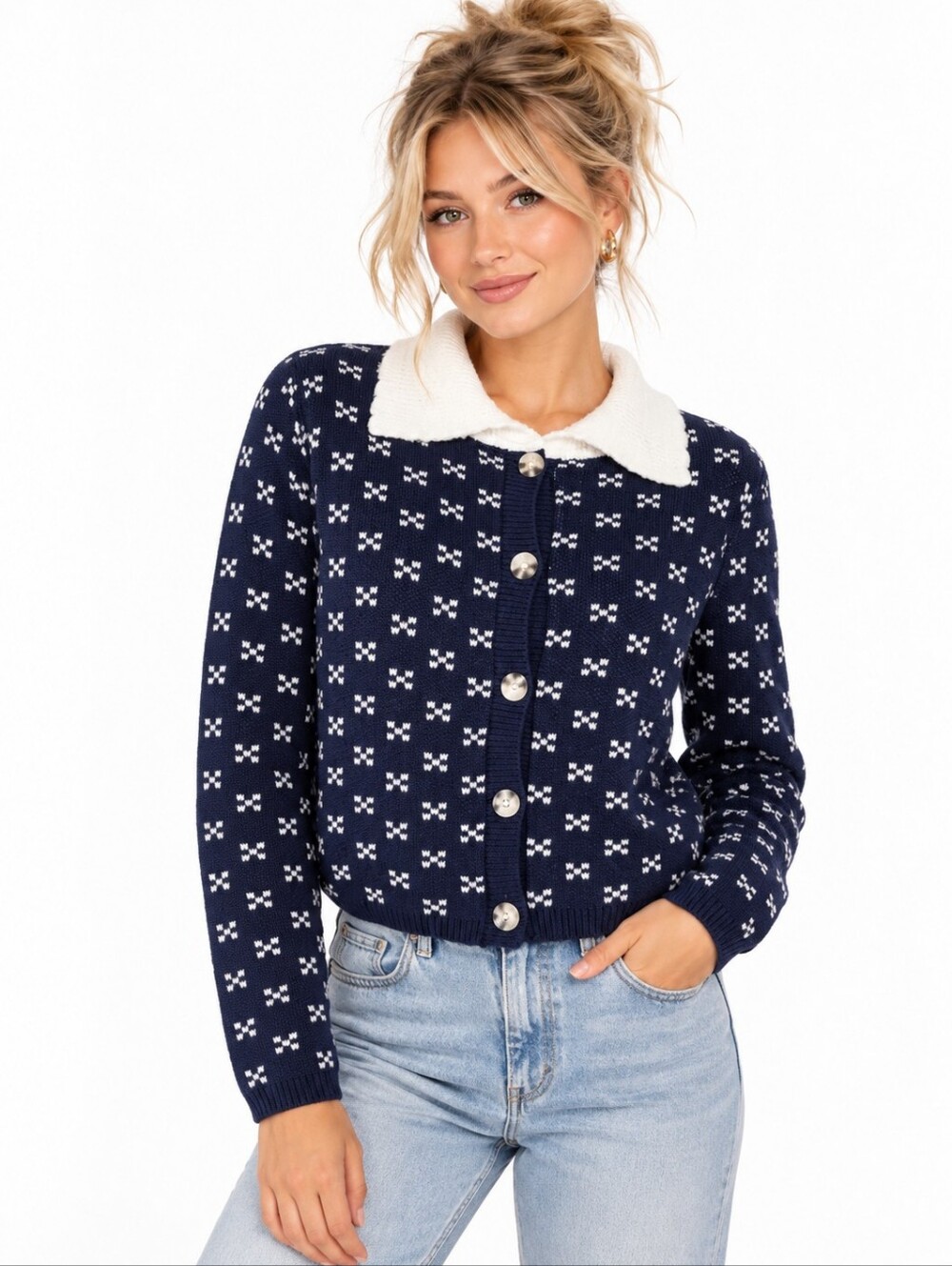 Soho & Stella Women’s Cropped Knit Cardigan Blue White Collar Nautical Size M